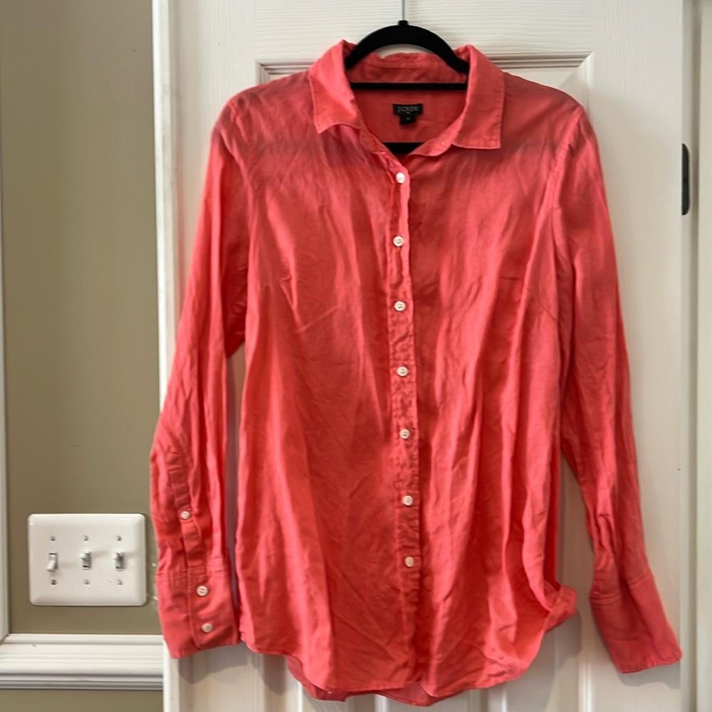 Women’s J. Crew 100% Linen Button Down Collared Shirt in Coral Size Medium